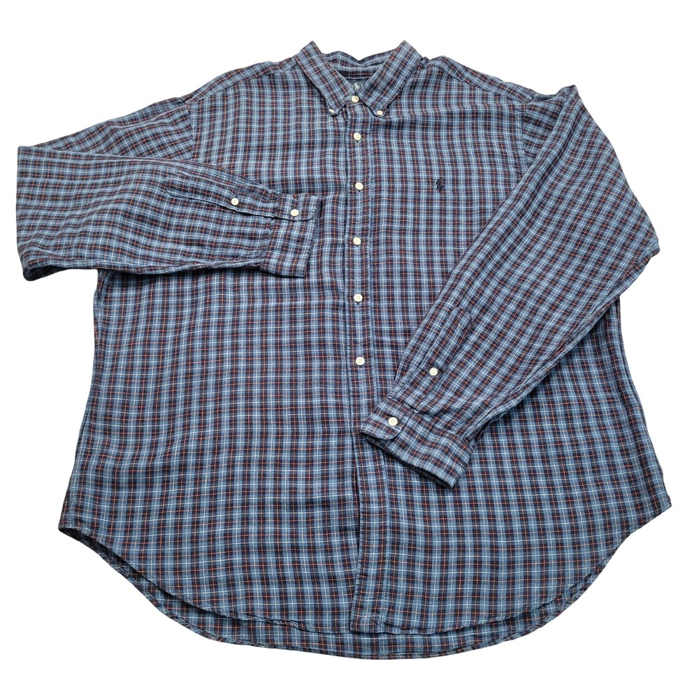 Ralph Lauren Mens XXL Classic Fit Linen Cotton Blue Plaid Button Down Shirt